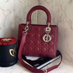 Christian Dior Lady dior medium bag lipstick red lambskin cannage quilted